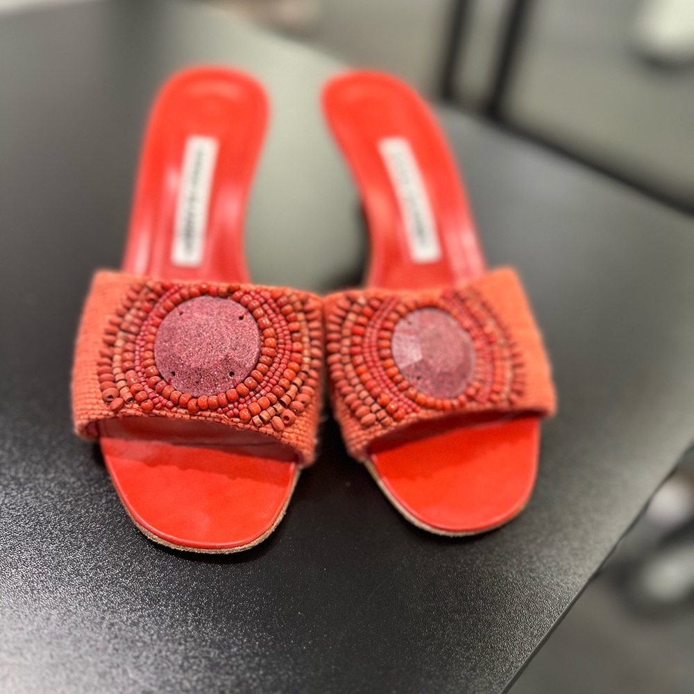 Pre Owned Manolo Blahnik Sz 39 Orange Kitten Heels Sandals Shoe
